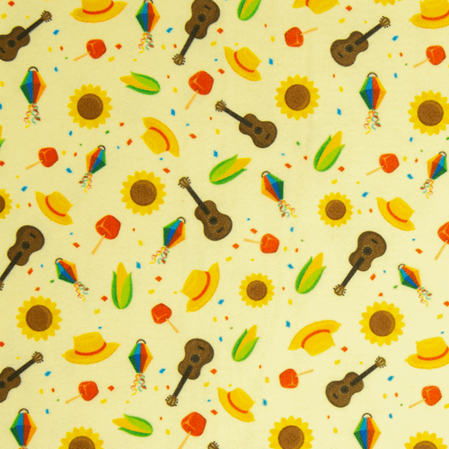Feltro Estampado Santa Fé Coleção Festa Junina Violão Chapéu com Fundo Amarelo Claro 50 x 70 cm - Ref. D9444.V02