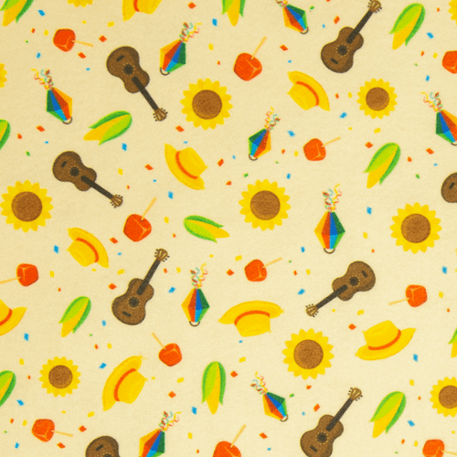 Feltro Estampado Santa Fé Coleção Festa Junina Violão Chapéu com Fundo Amarelo Claro 50 x 70 cm - Ref. D9444.V05