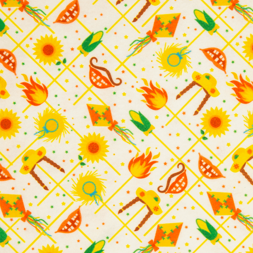 Feltro Estampado Santa Fé Coleção Festa Junina Fogueira Pipa com Fundo Branco 50 x 70 cm - Ref. D9451.V02