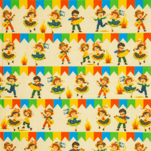 Feltro Estampado Santa Fé Coleção Festa Junina Casal Dançando com Bandeiras Bege Palha 50 x 70 cm - Ref. D9543.05