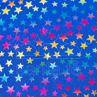 Feltro Estampado Laminado Santa Fé Estrela Arco Íris com Fundo Azul Anil 45 x 45 cm - Ref.