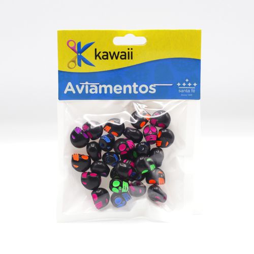 Miçanga Kawaii Caveira Preto e Colorido 10mm - 20g