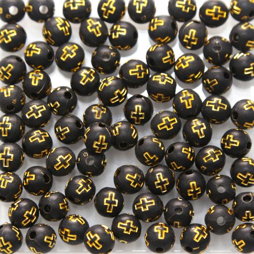 Conta Kawaii Cruz Redonda Preto com Dourado 6mm - 20g