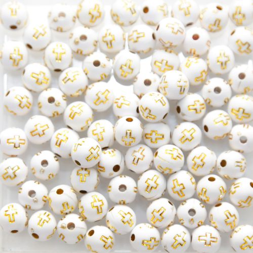 Conta Kawaii Cruz Redonda Branco com Dourado 6mm - 20g