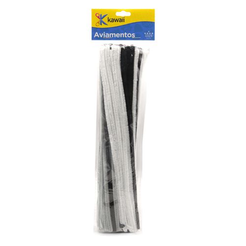 Haste de Chenille Kawaii Preto, Branco e Cinza 30cm - 20g